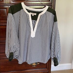 LOFT Black and White Striped Blouse with Green Details
